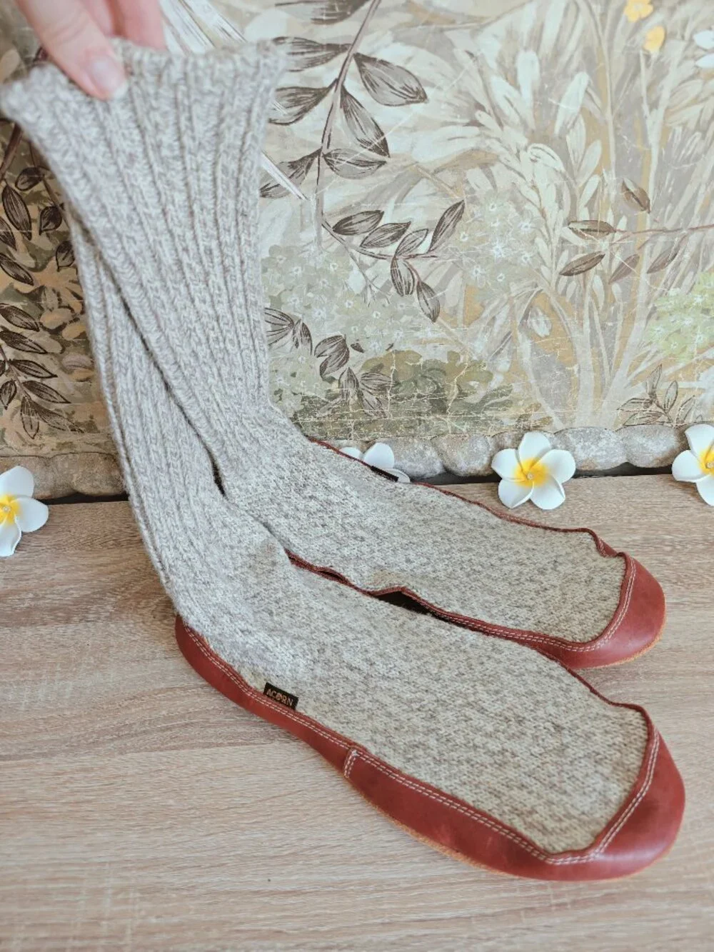 Acorn The Original Ragg Grey Wool Slipper Socks Suede Leather Sz. M 12 - 13